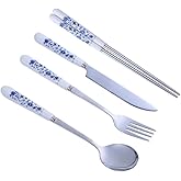Luxshiny China Dinnerware Set Silverware Set Stainless Steel Blue and White Porcelain Coffee Spoon Appetizer Fork Chopsticks