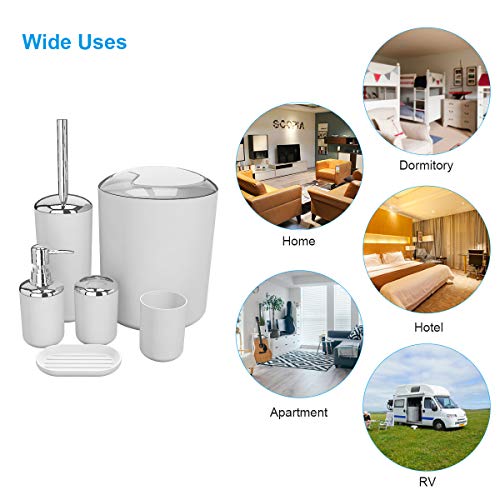 Bathroom Accessories Set 6 Pieces Plastic Bathroom Accessories Toothbrush Holder, Rinse Cup, Soap Dish, Hand Sanitizer Bottle, Waste Bin, Toilet Brush with Holder (White)