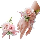 OUKEYI 2PCS Rose Flower Wrist Corsage Boutonniere Set,Boutonniere for Men Wedding White Rose Corsage Wristlet for Women Bride Bridesmaid Wrist Corsagefor Wedding Party Prom Decorations (Pink)