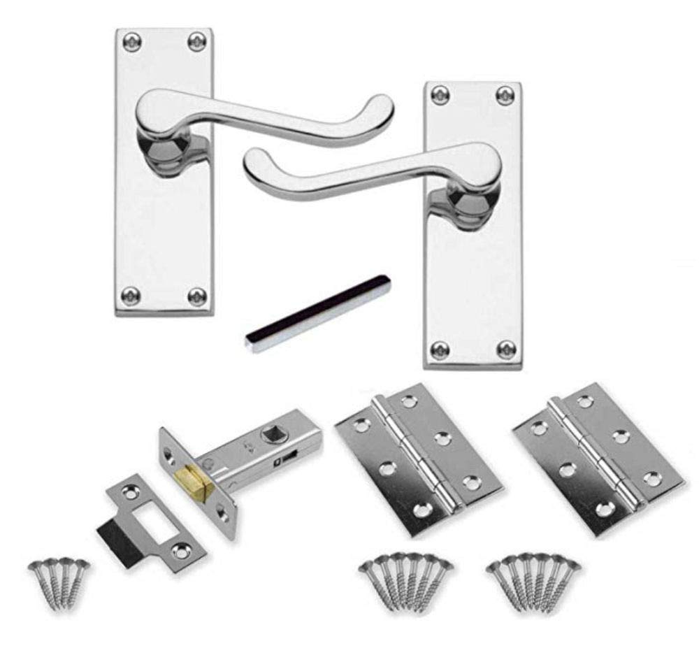 Carlisle Brass - Victorian Scroll Lever Latch Door Handles, 64mm Mortice Tubular Latch and Hinges Set for Internal Doors (Polished Chrome)