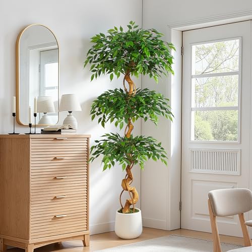 Keeplush - Artificial Ficus Plant, 180cm with White Pot, Real Large Artificial Plants with Curved Trunk and 1860 Leaves Artificial Tree for Indoor Living Room Decor