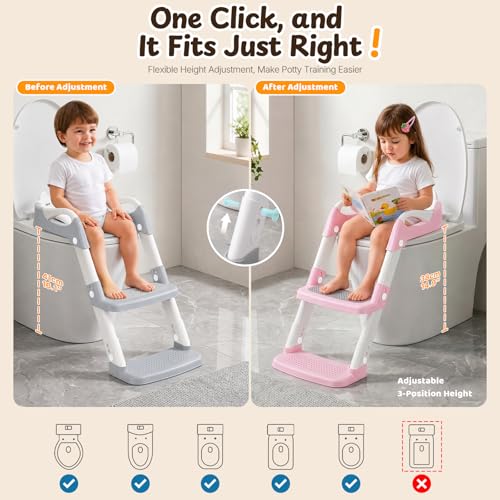Adaptador Wc Niños - Reductor Wc Niños - Pedal Ampliado y Antideslizante | Fácil de Montar y Guardar | Altura Ajustable | Protector Antisalpicaduras | Asa | para Niños Niñas en el Baño - Gris