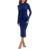 IHOT Women Mock Neck Casual Bodycon Midi Dress Long Sleeve Ruched Elegant Party Club Fall Dresses