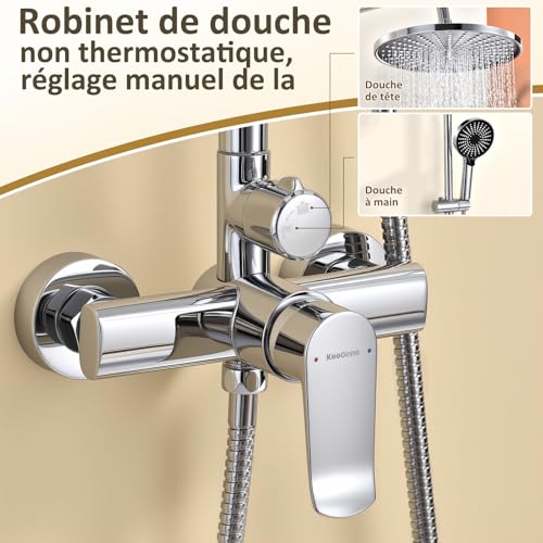 KeeGone Complete Non Thermostatic Shower Set - 26cm Rainfall Shower Head and Triple Function Hand Shower, No Thermostatic Mixer Tap