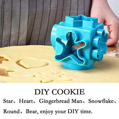 Jeeke 6-in-1 Multifunction Cookie Biscuit Cutter Set Pastry Biscuit Cake Convenient Mould Pastry Donut Doughnut Cutter Set Round Cookie Cutters, Cube (Blue) - Thumbnail 2
