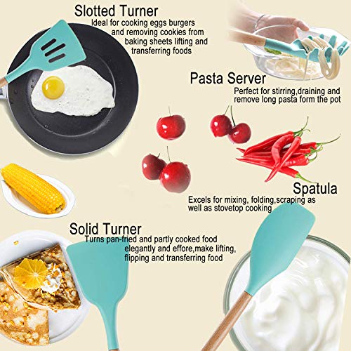 Kitchen Utensil Set, CROSDE 15pcs Cooking Utensils Set Silicone Kitchen Tools Wooden Spatula Set Cookware Turner Tongs Spatula Spoon Kitchen Gadgets with Holder - Teal - Thumbnail 6
