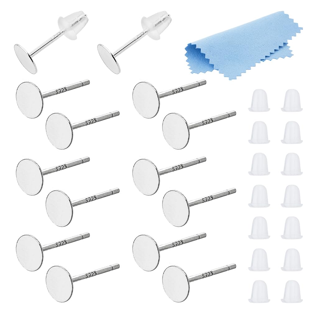 DICOSMETIC 8 Pairs 925 Sterling Silver Earrings Posts Flat Pad Earring Studs 5mm Silver Earring Pads Blanks Earring Pin with 50Pcs Ear Nuts and 1Pc Polishing Cloth for Jewelry Making