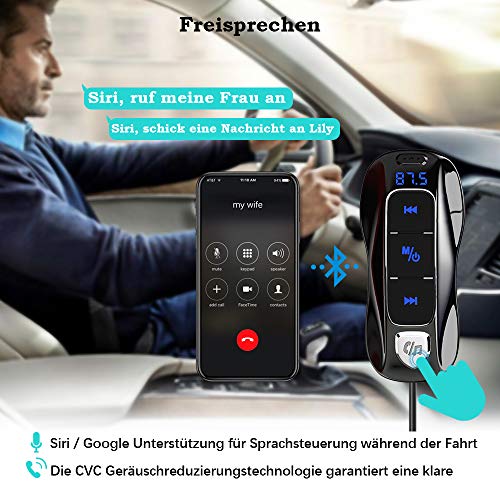 Bluetooth 5.0 FM Transmitter, SONRU Bluetooth Auto Radio Adpter Freisprecheinrichtung Dual USB Ports (QC3.0/2.4A) mit 1.1M Kabel, A2DP Crystal Sound Qualität, Spannungsanzeige, TF Karte Play
