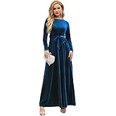 ABEHIK Women's Fall Dresses Long Sleeve Velvet Formal Maxi Dress with Belt Casual Cocktail Wedding Guest Party Long Dress