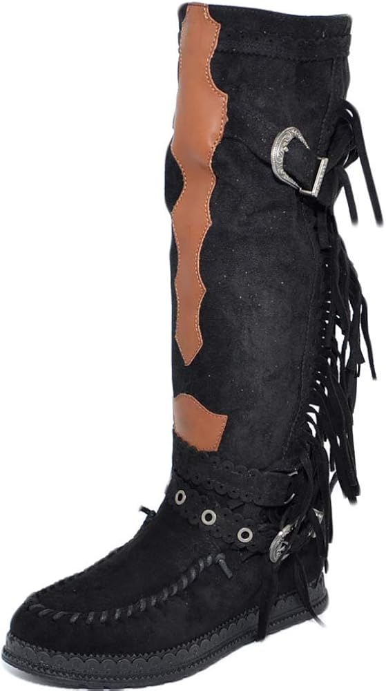 Stivali Donna Indianini Neri Scamosciati con Frange Zeppa Interna 5 cm  Cinturino Fibbia Altezza Ginocchio Moda Ibiza Stivali urban-earth.co.uk