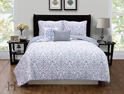 5-Piece Quilt Set with Shams & Decorative Pillows. Super Soft Microfiber Material Featuring a Unique & Beautiful Printed Design. Deena Collection By Home Fashion Designs. (Twin, Grey)