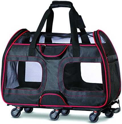 Katziela Pet Carrier with Removable Wheels – Soft Sided, Airline Approved Small Dog and Cat Carrying Bag with Telescopic Walking Handle, Mesh Ventilation Windows and Safety Leash Hook (Black)
