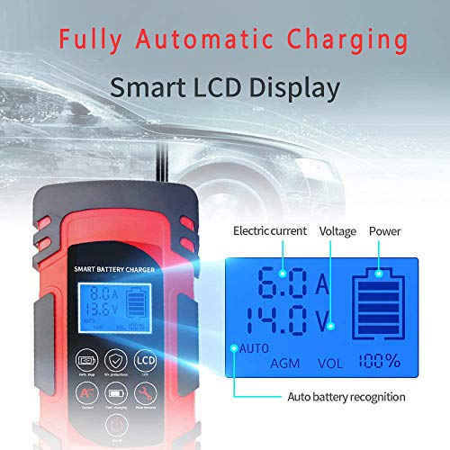Luoges Car Battery Charger 12V 4A/6A/8A 24V 4A | Smart Automotive Trickle Charger with LCD Display for Car Truck Motorcycle Lawn Mower SUV SLA ATV RV SUV Wet AGM Gel Cell Lead Acid Battery (Red)