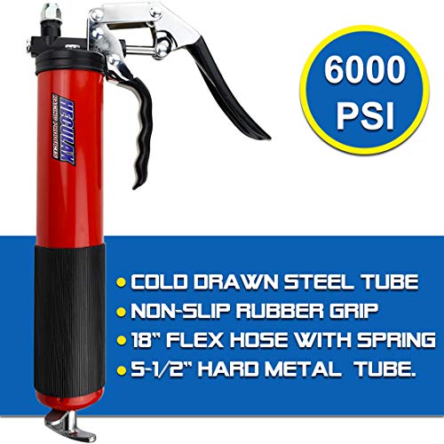 Motovecor Grease Gun 6000 PSI Heavy Duty Professional Pistol Grip 14.5 Oz 400cc - 18 inch Flex Hose â€¦ (Red)