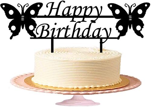 Happy Birthday with double beautifiul butterfly cake topper for childrens, adults.Acrylic Cake Toppers in Black
