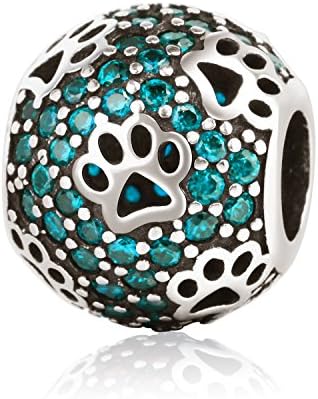 Dog Paw Print 925 Sterling Silver Charms Animal Pet For Bracelets Red Clear Pink CZ Jewelry 3 Style (Sky blue)