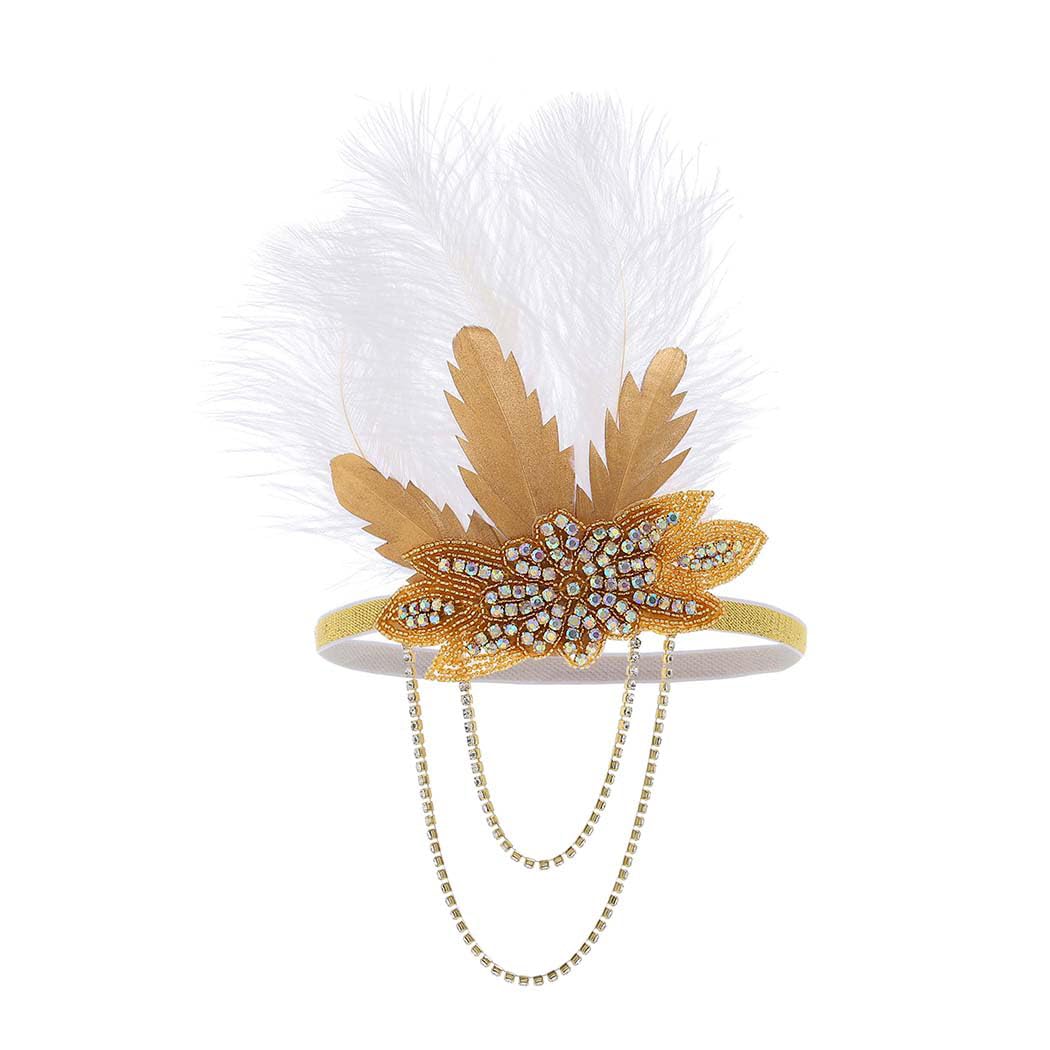 IYOU 1920 Flapper Headpiece Gold Feather Gatsby Headband Vintage Rhinestone Prom Costume Wedding Hair Accessories for Women