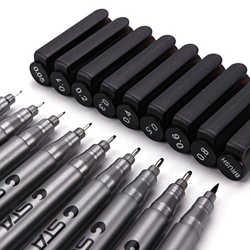 Drawing Sketching Pencils Set Micro-Line Inking Pens Anti-Bleed Ultra Fine Tip Pens 9Pcs Set for Artist Illustration/Technical Drawing/Office Documents (Silver)
