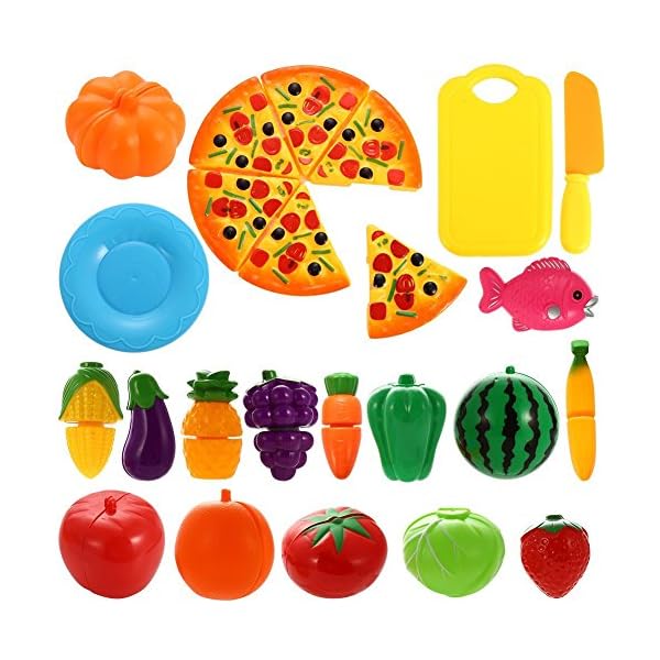 NIWWIN 24 PCS Spiel Essen Set für Kinder Kunststoff Schneiden Pizza Obst und Gemüse vorgeben Spielen Set