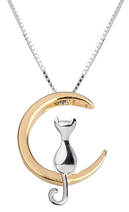 title=Ciondolo con catenina, a forma di gatto su luna, in argento Sterling 925, 40 cm