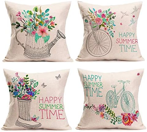 4-Pack Hello Spring Easter Throw Pillow Cover Vintage Bicycle Flower Cushion Case 18 x 18 Inch for Home Sofa Decorative