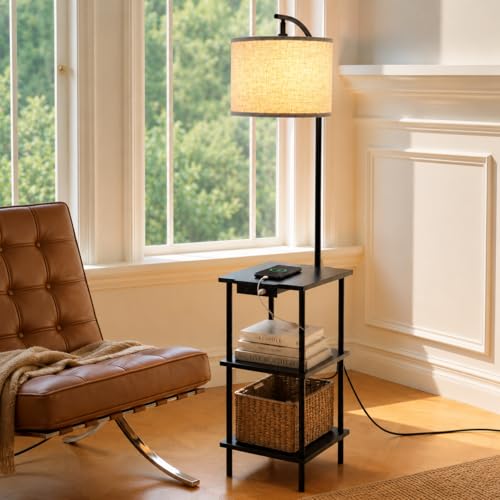 LuminexDesigns Vintage Floor Lamp with Shelves, Wooden Side End Table with Charging Station, Black Retro Standing Corner Lamp with 3-Tier Storage for Living Room, Bedroom or Office WOVI FL04