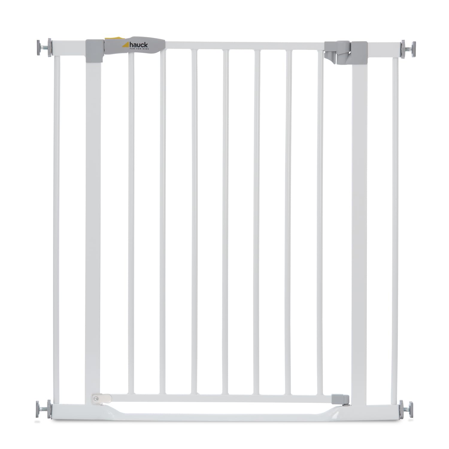 Hauck Safety Gate for Doors and Stairs Clear Step / Pressure Fit / 75 - 80 cm Large / Thin Step Over Bar / Extendable with Separate Extensions / Metal / White