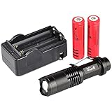 WindFire CREE XML-T6 U2 LED 1800 Lumens ZOOMABLE 5 Modes Flashlight Torch Lamp Mini 18650 Flashlight Torch (Black Flashlight with 2 Batteries and Charger)