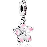 Doyafer Pink Cherry Blossom Sparkling Double-Layer Silver Pendant 925 Sterling Silver Charms fit Women's Bracelet Necklace Pendant Birthday Gift for Family Friends
