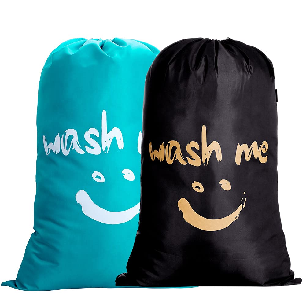 IHOMAGIC 2 Pack Large Travel Laundry Bag with Drawstring Cord, 120L Portable Nylon Organiser Storage, Foldable Dirty Laundry Bag for Travelling, Bedroom, College Dorm, Smile Face, Blue + Black