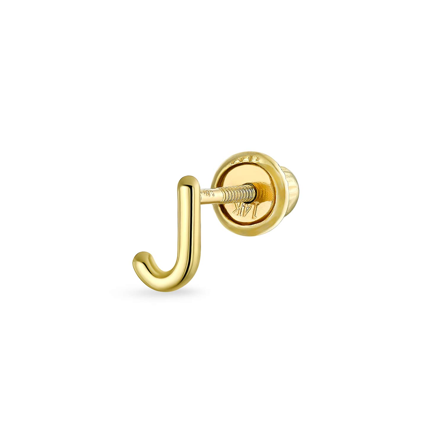 ABC Minimalist Real Yellow 14K Gold Capital Block Alphabet Letter Initial J Cartilage Ear Lobe Piercing 1 Piece Stud Earring Screw Back For Teen Women Men