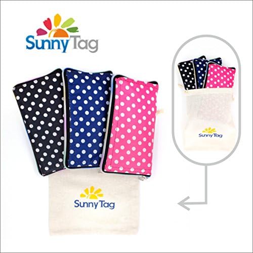 Sunny Tag Foldable Reusable Eco friendly Wallet Style Grocery Shopping Travel Bag Tote Pack of 3 Polka Dots Pink Navy Black Water repellent, Washable, Hold up to 33 LBS or 15 KG