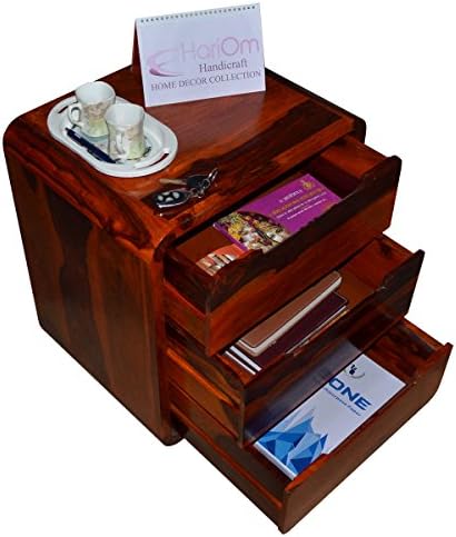 Hariom Handicraft Bedside Table for Bedroom, End Table, with 3 Drawer Storage, Teak Finish