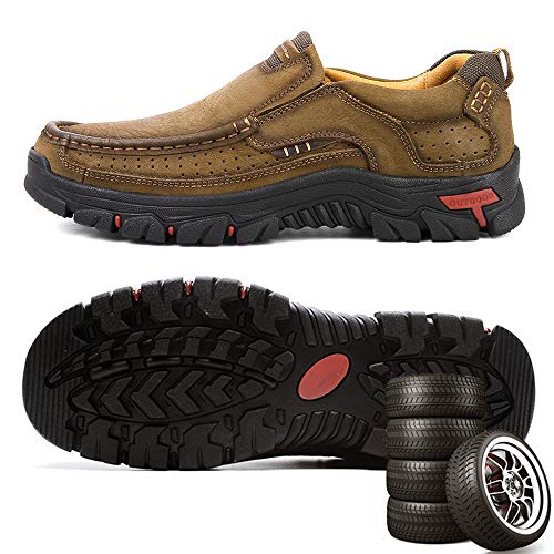 VENSHINE Mens Walking Shoes Leather Lightweight Breathable Casual Slip On Loafers Khaki Apparel