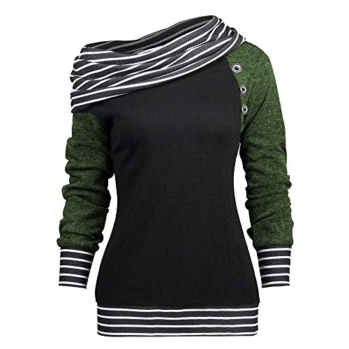 GOVOW Button Sweatshirt Cardigan for Women Skew Neck Long Sleeve Striped Patchwork Top(US:8/CN:L,Green)