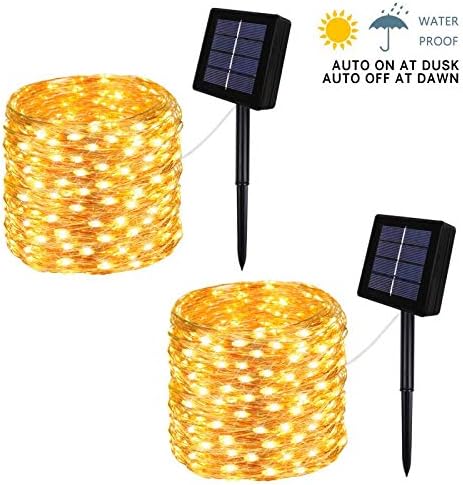 2 Pack Solar String Lights, Waterproof 200 LED Solar Lights Outdoor, 8 Modes Solar Fairy Lights for Garden, Yard, Patio, Lawn, Party, Wedding (Warm White)