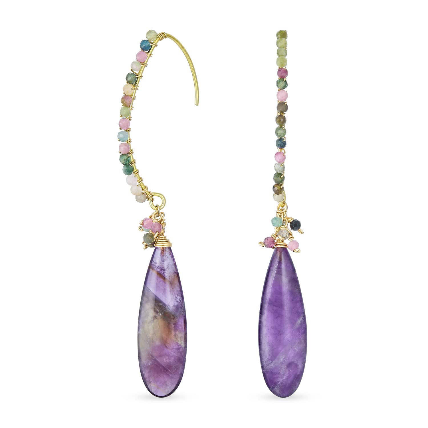 Boho Wire Wrap Cluster Bead Accent Linear Elongated Fish Hook Pink Tourmaline Amethyst Long Teardrop Gemstone Chandelier Dangle Earrings For Women Teens 18K Yellow Gold Plated