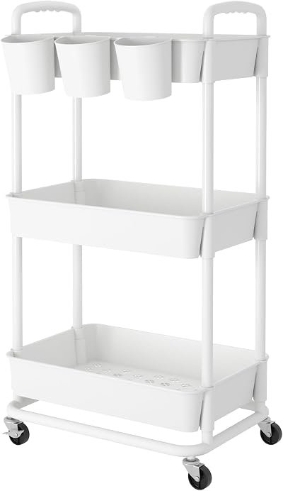 JIUYOTREE 3-Tier Plastic Rolling Storage Cart with Lockable Wheels White
