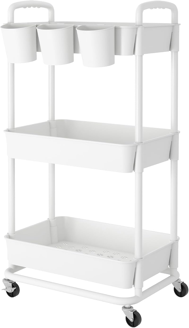 JIUYOTREE 3-Tier Plastic Rolling Storage Cart with Lockable Wheels White
