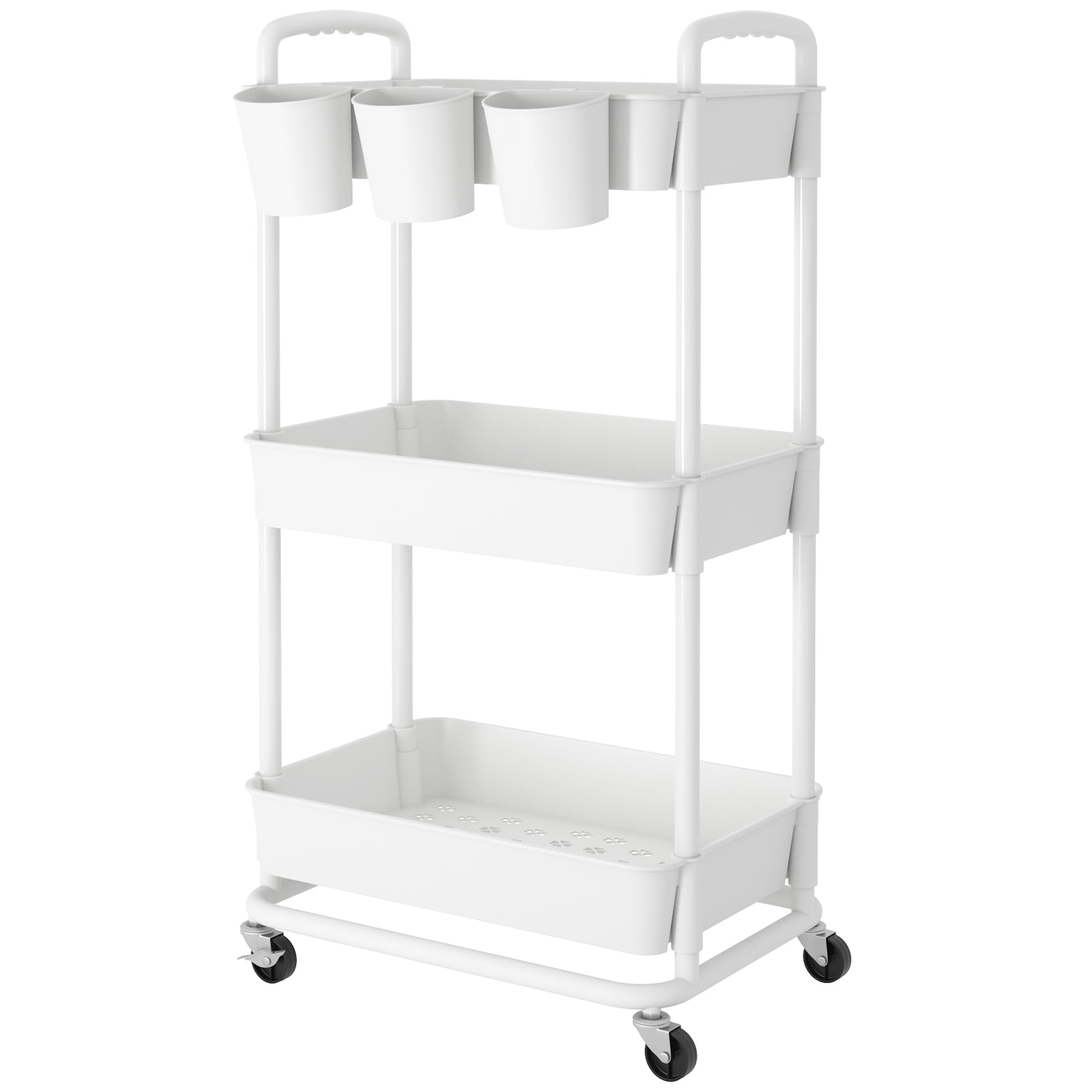 Photo 1 of JIUYOTREE 3-Tier Plastic Rolling Storage Cart Utility Cart with Extra Hanging Cups Handles Lockable Wheels for Living Room Bathroom Kitchen Office White