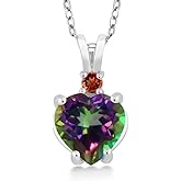 Gem Stone King 14K White Gold Heart Pendant set with 2.54 Ct Green Mystic Topaz and Red Garnet