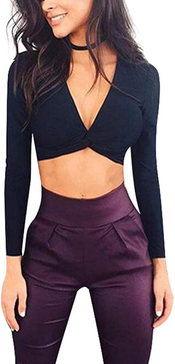 Long Sleeve Crop Top - Sexy Deep V Neck Bandaged Tops Black at Amazon Womenâs Clothing store