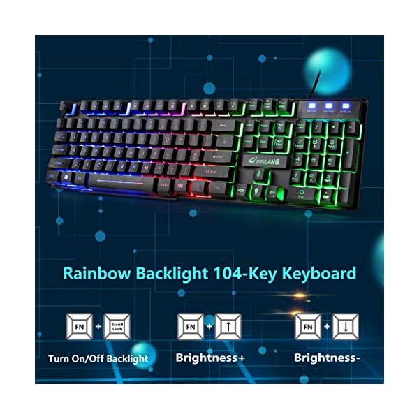 UK-Layout-Keyboard-and-Mouse-Set-104-Keys-Rainbow-Backlit-QWERTY-Keyboard-2400-DPI-4-Buttons-Breathing-Mice-MousePad-USB-Wired-Compatible-with-PC-Windows-Mac-PS4-XBox-Black Gaming Keyboard and Mouse Set, 104 Keys UK Layout QWERTY Rainbow Backlit Keyboard, 2400 DPI 4 Buttons Colorful Mice…