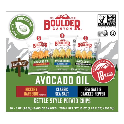 BOULDER CANYON AVOCADO OIL KETTLE STYLE POTATO CHIPS VARIETY PACK, 18 COUNT – GLUTEN-FREE, NON-GMO, HICKORY BARBECUE, CLASSIC SEA SALT, SEA SALT & CRACKED PEPPER (1 OZ BAGS)