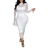 Women Sexy Long Sleeve Bodycon Midi Dresses See Through Lace Dress 2 Piece Dress Set Birthday Date Night Outfit