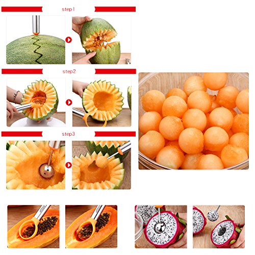 WAAO 3-in-1 Stainless Steel Melon Baller & Carving Knife & Fruit Scoop Set for Fruit Slicer Dig Pulp Separator and Carve