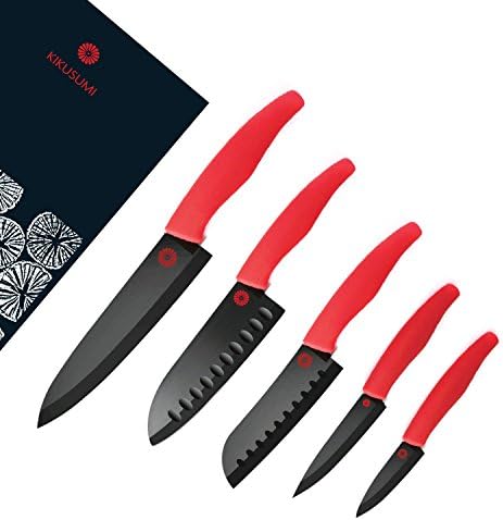 Kikusumi 5-Piece Chef Knife Gift Set Bundle-BENI Red Handle + Black Ceramic Blade - 7 inch Chef Knife + 5.5 inch Santoku + 5 inch mini Santoku + 4 inch Paring + 3 inch Paring + 5 Sheath (Red)