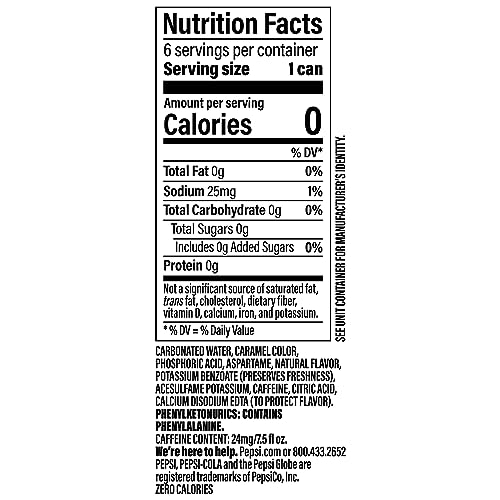 PEPSI ZERO SUGAR COLA SODA POP, 7.5OZ MINI CANS