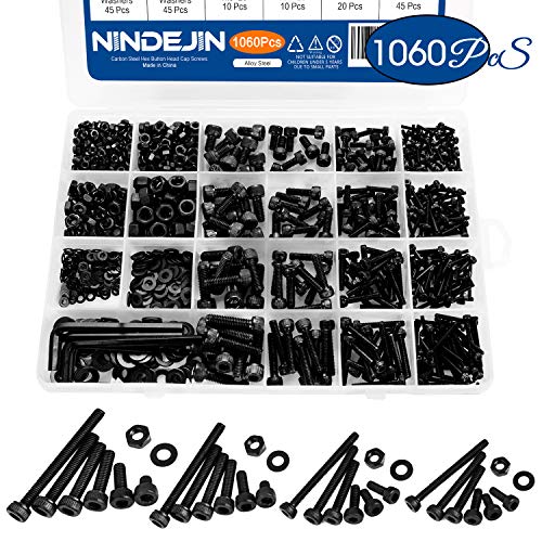 NINDEJIN M2 M3 M4 M5 Alloy Steel Socket Head Cap Screws Nuts Set 1060pcs Carbon Steel Screws Assortment Kit