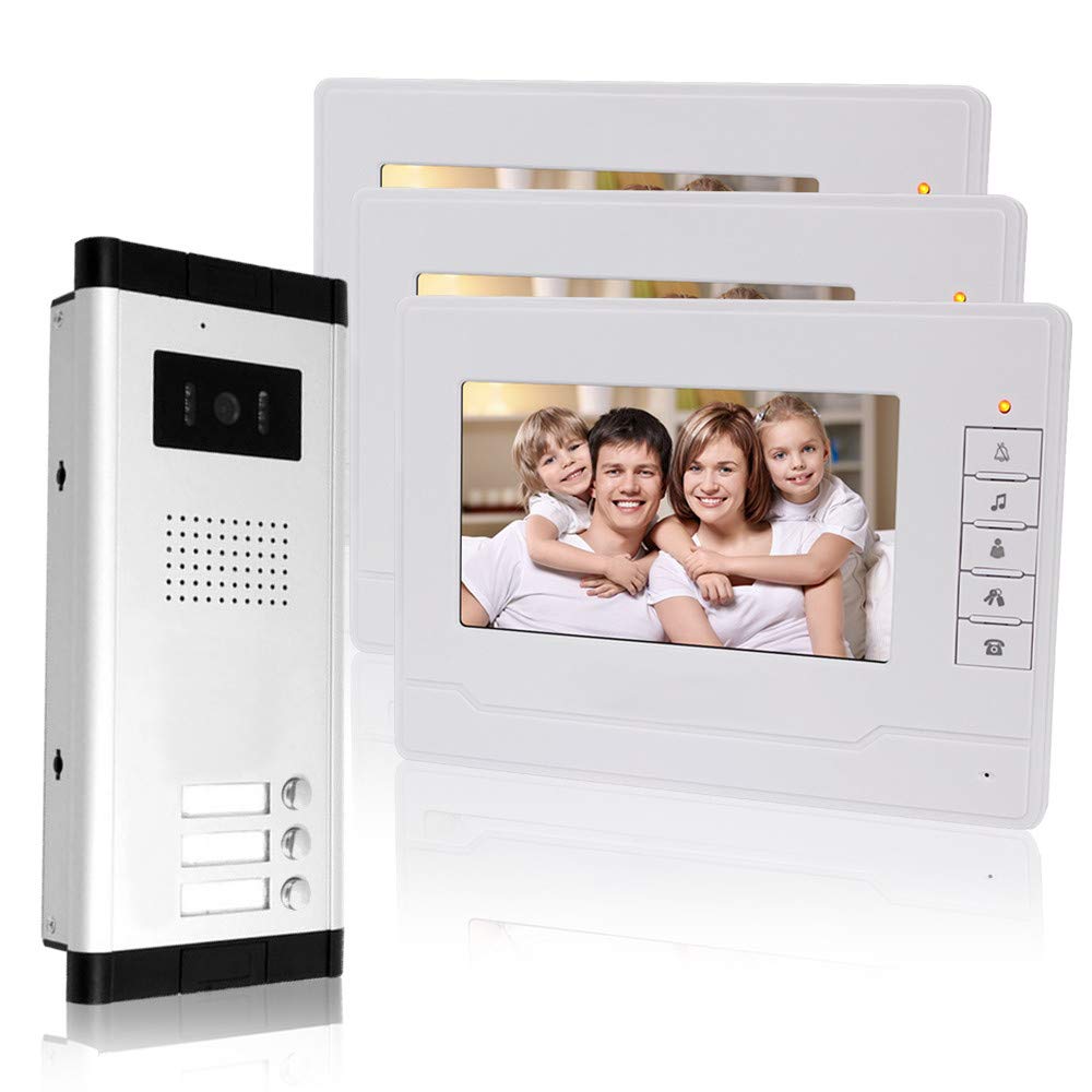 KDL 7" Wired Video Doorbell Door Phone System 3 Monitors with 1 Outdoor Camera with There Call Buttons, IR Night Vision, 700TVL, Two-Way Audio for Multi- Apartments/Families